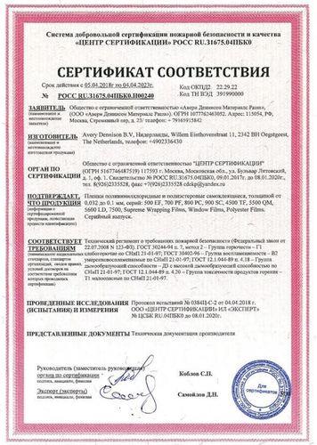 Сертификат соответствия пожарной безопасности